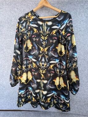 Ted Baker  bird print beaded sequin chiffon long sleeve mini dress size 2